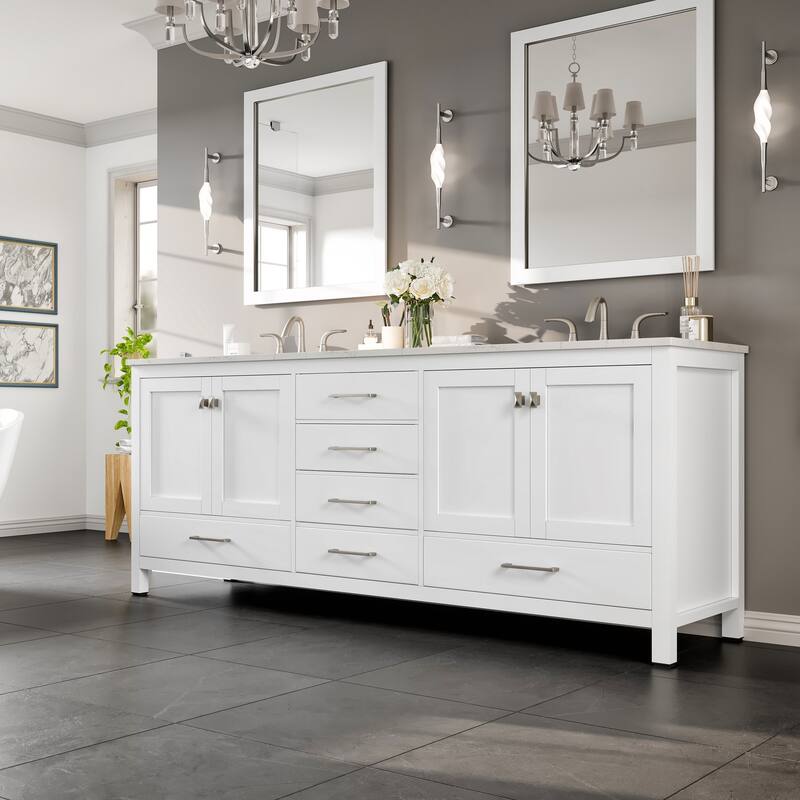 Eviva Aberdeen 84"W x 22"D Double Sink Bathroom Vanity with White Carrara Quartz Countertop and Undermount Porcelain Sinks