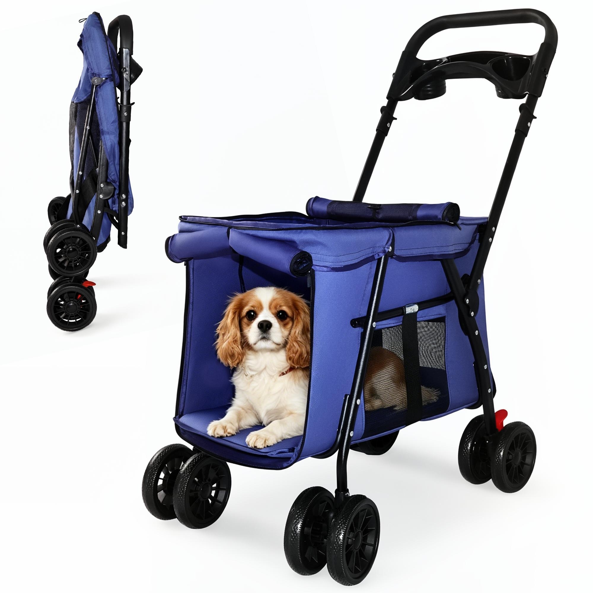 Foldable 4-Wheel Design Pet Stroller with Shockproof Wheels Storage Tray