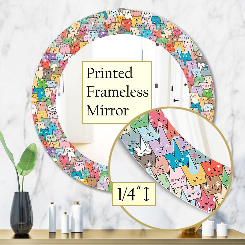 Designart 'Funny Cat'S Heads Pattern' Printed Modern Mirror - Oval or Round Wall Mirror - Pink