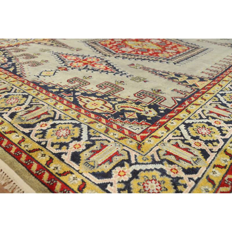 Green Geometric Viss Indian Area Rug Hand-Knotted Wool Carpet - 8'7" x 11'9" - 8'7" x 11'9" - Green