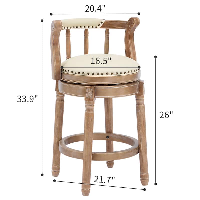 Beige 360 Swivel Leather Wooden Bar Stools Upholstered Breakfast Stools Coffee Bar Stools with Back for Kitchen Counter