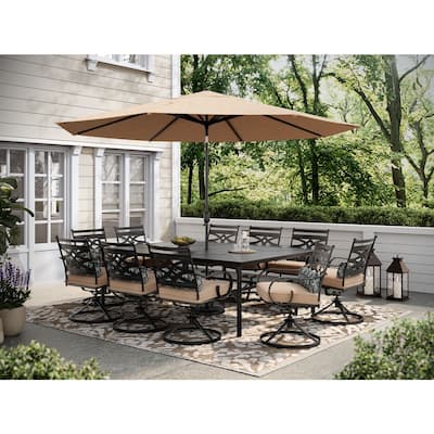 Hanover Montclair 11-Piece Dining Set in Tan with 10 Swivel Rockers, 60-In. x 84-In. Table, 11-Ft. Umbrella and Umbrella Stand