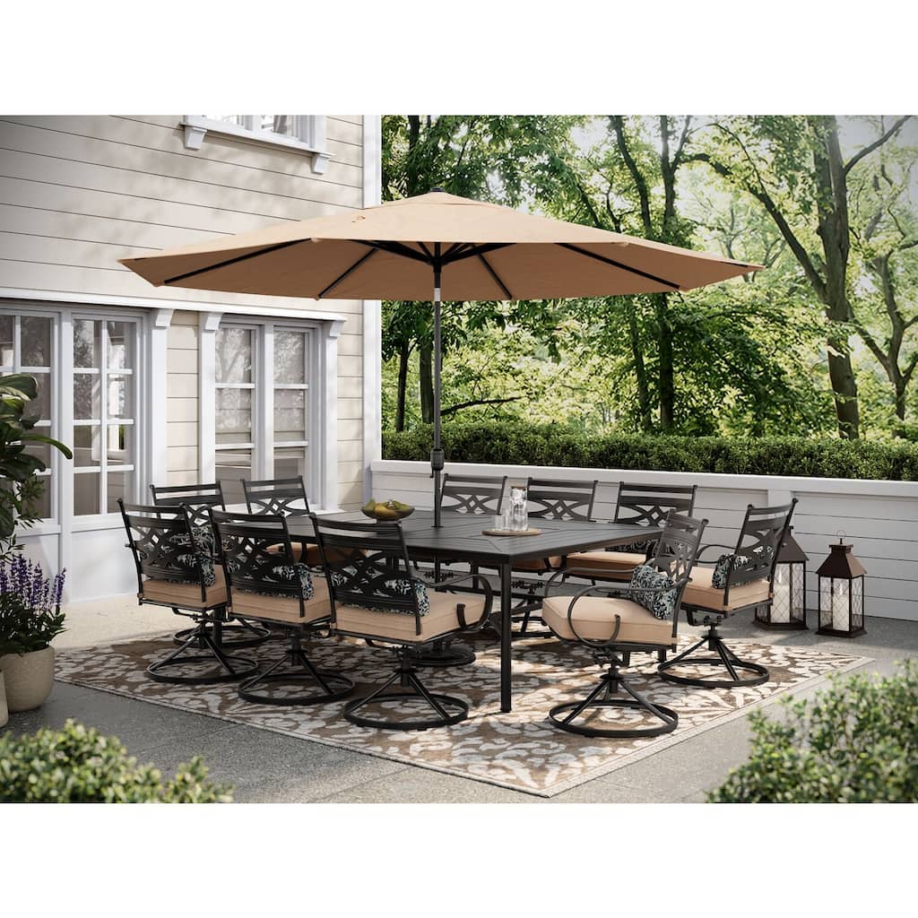 Hanover Montclair 11-Piece Dining Set in Tan with 10 Swivel Rockers, 60-In. x 84-In. Table, 11-Ft. Umbrella and Umbrella Stand