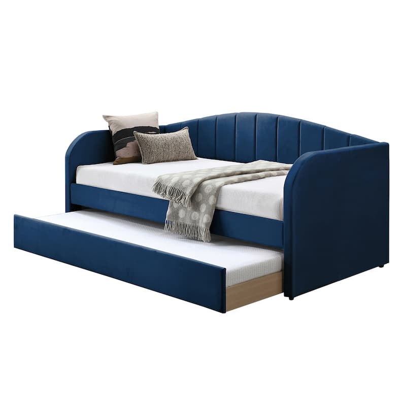 Velvet Upholstered Twin Size Daybed with Trundle - Navy Blue