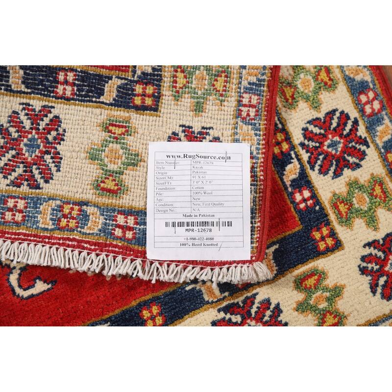 Red Geometric Kazak Foyer Rug Handmade Wool Carpet - 2'0" x 3'0"