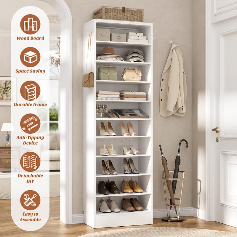 Freestanding 10-Tier Shoe Storage Cabinet,Narrow Wood Shoe Rack Shoe Organizer,Sturdy Closet Organizer Open Display Cabinet