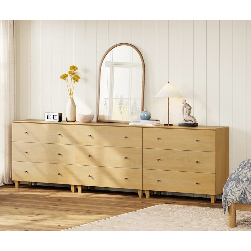 Wood Dresser with 3 Wide Drawers for Bedroom, Kids Room - Oak Wood - 9-drawer