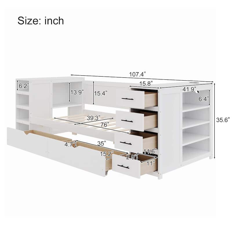 Storage Daybed with Side Shelves, Drawers & Charging Station
