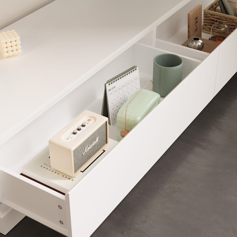 Sleek Entertainment Center with Drawers and Open Shelves