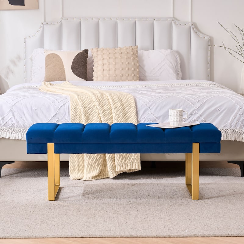 Upholstered Bedroom Bench Tufted Entryway Bench Modern End of Bed Bench Dining Bench with Gold/Black Metal Legs for Window