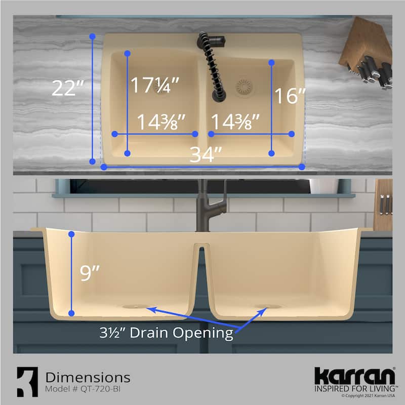 Karran Drop-In Quartz 50/50 Double Bowl Kitchen Sink