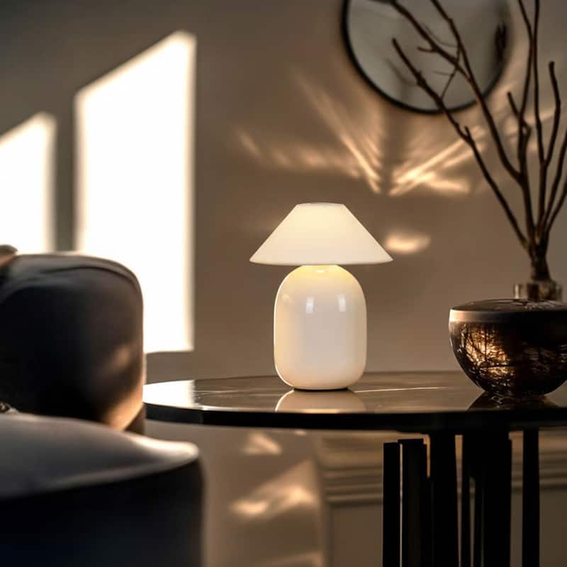 Ren LED 7.87 in Glossy Cream Midcentury Modern Urn Dimmable Cordless Portable Rechargeable Bedside Nightstand Desk Lamp