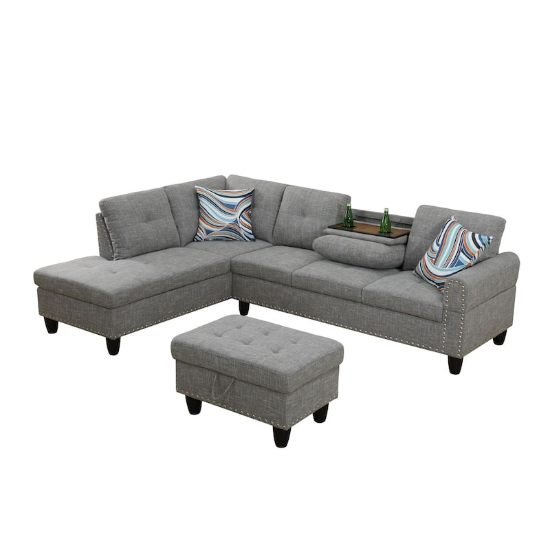 Brown Grey Linen 3-Piece Sofa Set Living Room Sofa - Brown/Gray