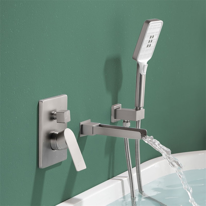 Waterfall Tub Faucet Wall Mounted Single Handle Tub Fillers with Handheld Shower Bathtub Faucet with Rough-in Valve
