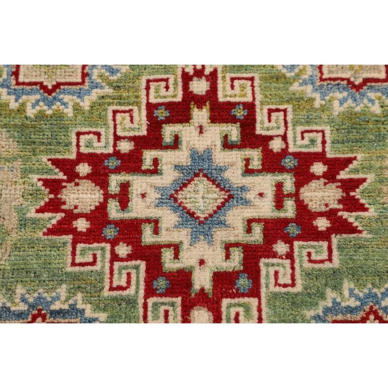 Light Green Geometric Kazak Oriental Accent Rug Handmade Wool Carpet - 2'7" x 3'10"