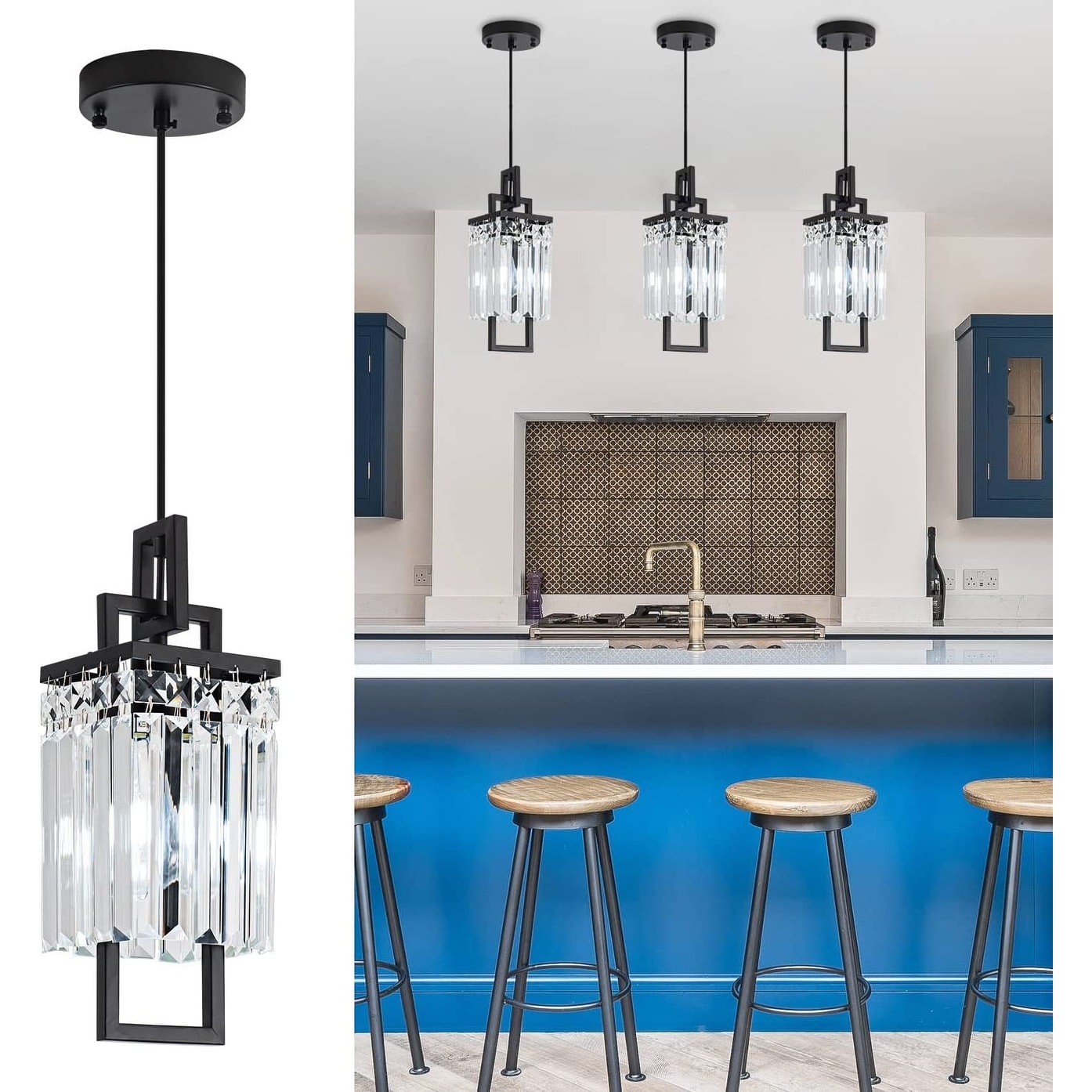 3 Pack Black Pendant Light Fixture Kitchen Pendant Lighting Industrial Crystal Hanging Fixture Black PL 1681