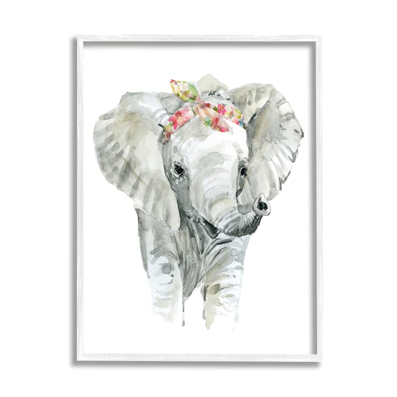 Stupell Chic Baby Elephant with Floral Print Hair Tie Framed Wall Art - Grey - 11 x 14 - White