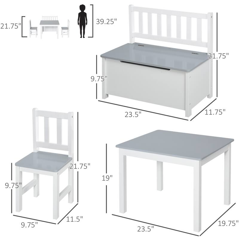 Kids Activity Table Set with Storage Bench and Chairs Pinewood MDF Durable Playroom Furniture for Children Ages 3 and Up