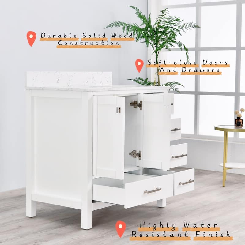 Prismatica 36 in. White Vanity with Countertop & Splash, Left Sink