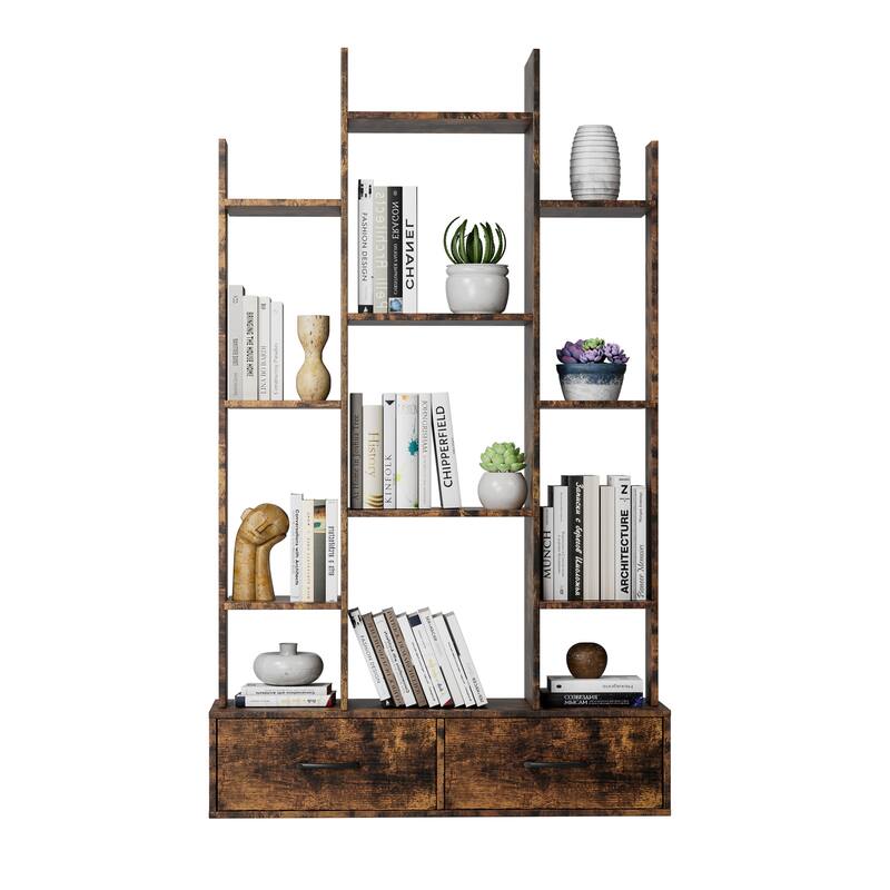 Bookshelf with 2 Drawers, Industrial Freestanding Open Display Shelving, Vintage Open Bookcase