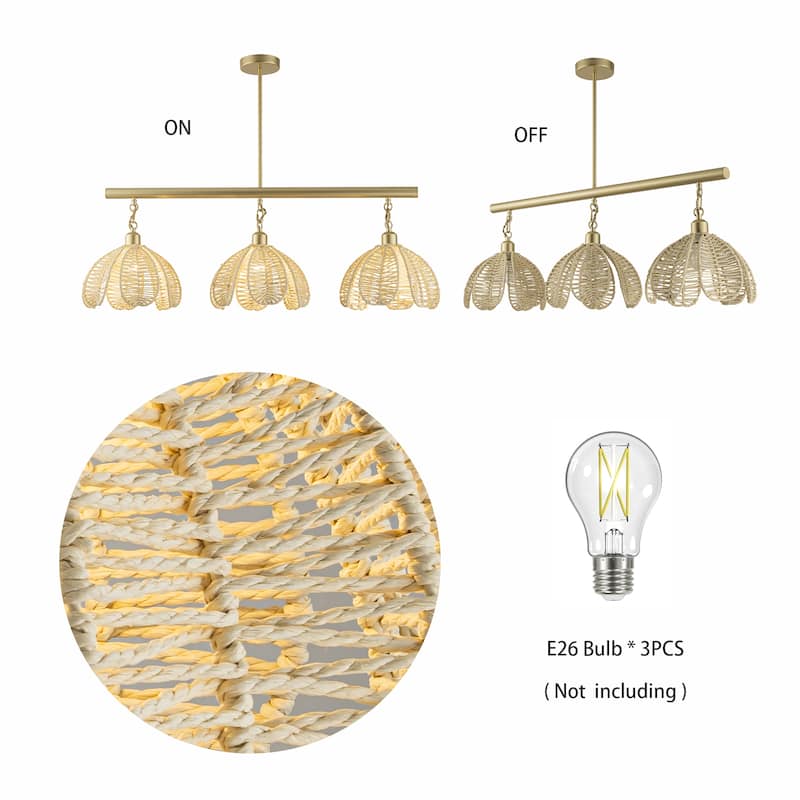 Cali 3-Light Wicker Flower Linear Pendant, Coastal Boho - Handwoven - 36" Wide