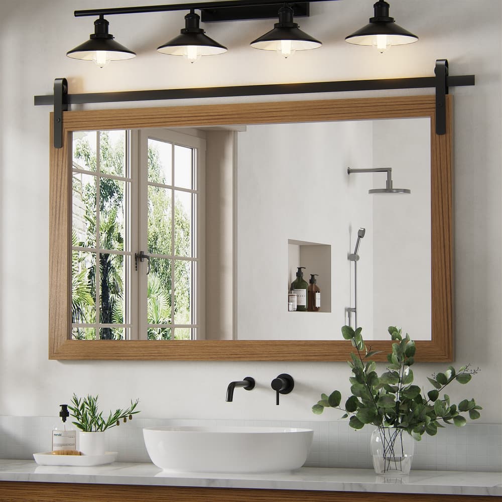 Farmhouse Rectangular Wood Frame Wall Mirror, Rustic Barn Door Bathroom Vanity Mirror