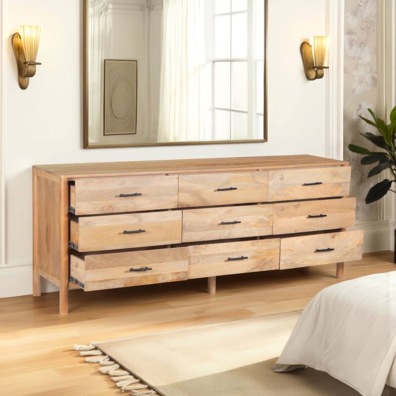 Geti Dresser 9 Drawers, 84 Inch Wide, Handcrafted Natural Oak White Mango Wood,
