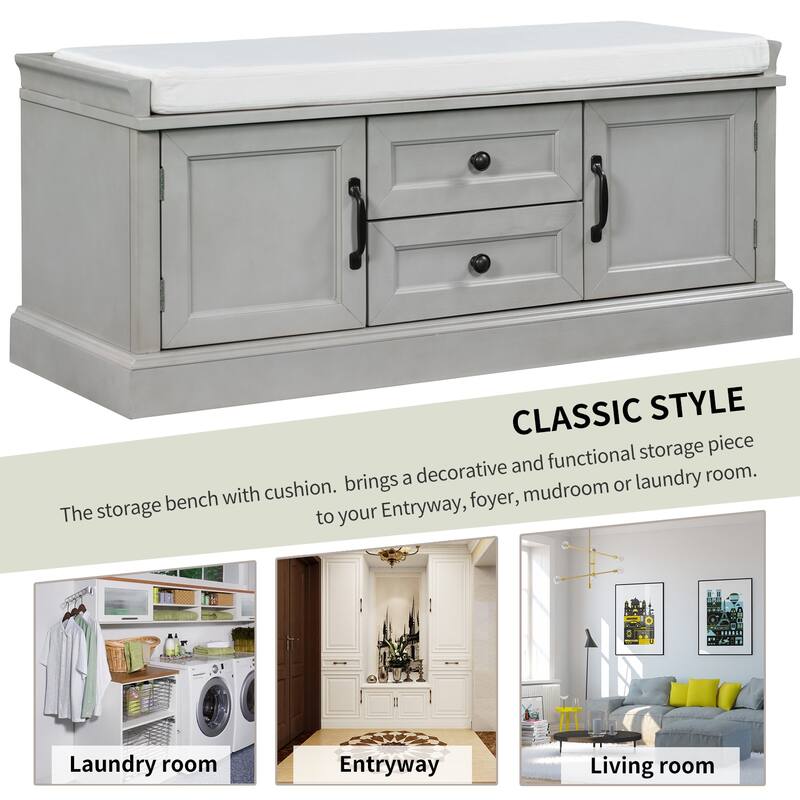 Storage Shoes Bench with 2 Drawers, 2 Cabinets and Removable Cushion