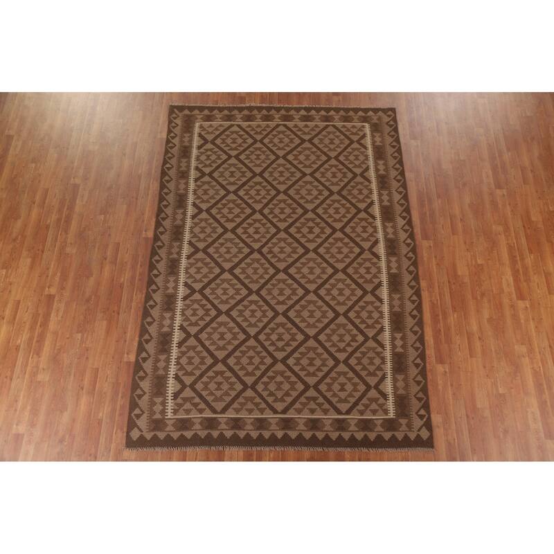 Hand Woven Oriental 100% Wool Carpet Southwestern Geometric Brown Kilim Area Rug - 9' 7'' X 6' 9''