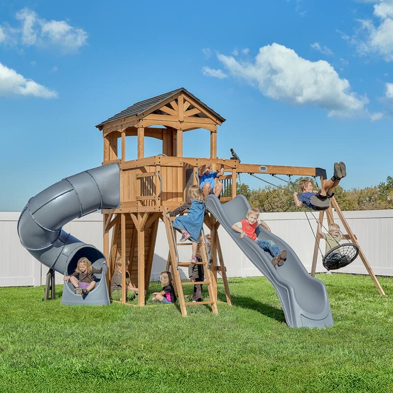 Backyard Discovery Dover Bay Spruce Swing Set, Tube Slide, Clubhouse