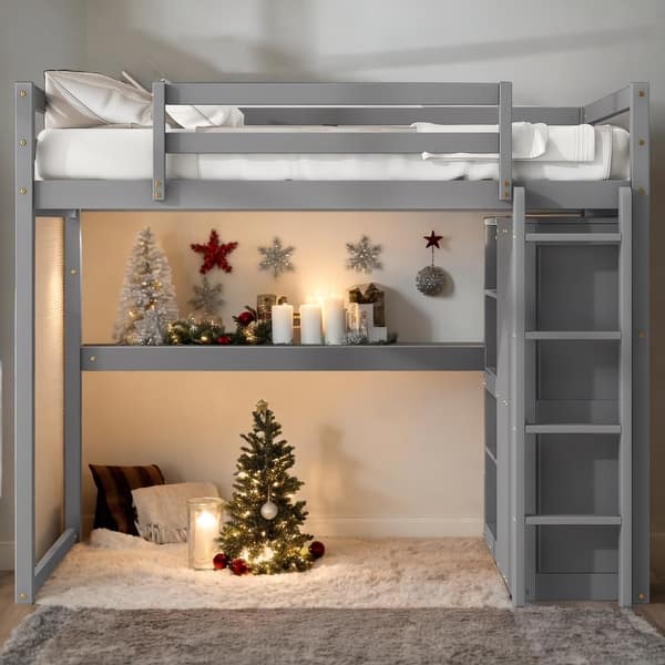 slide 2 of 12, Full Loft Bed with Wardrobe, Shelves & LED Light Grey