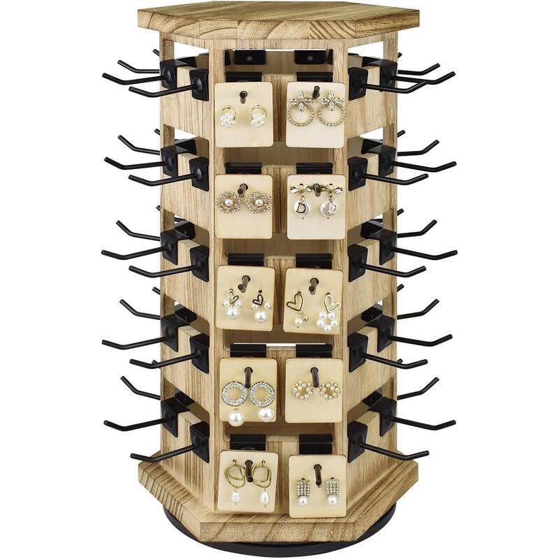 Natural Wood Hexagon 6 sided Rotating Jewelry Display Stand Tower,60 Removable Metal Hooks