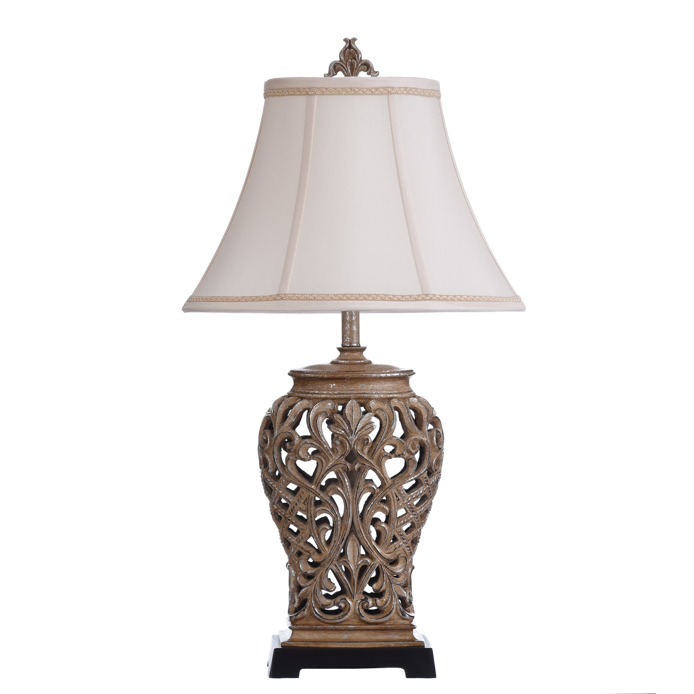 StyleCraft Traditional Table Lamp - Tan & Silver Open Lace Scroll - Off-White Fabric Shade