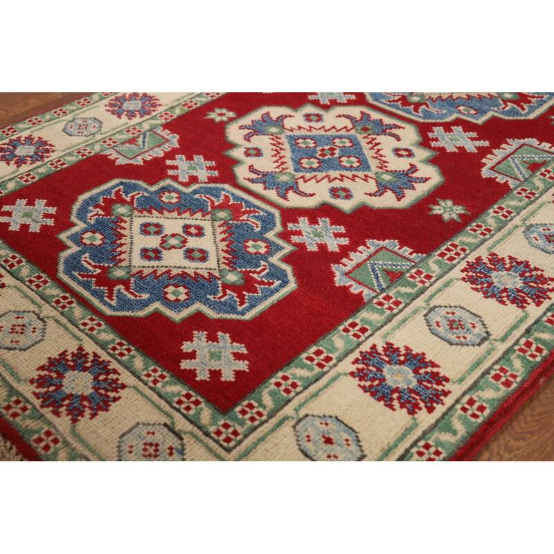 Red Kazak Foyer Rug Handmade Geometric Oriental Wool Carpet - 2'9"x 3'9"