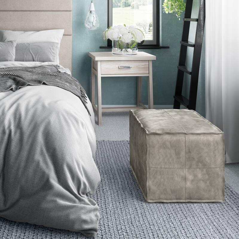 WYNDENHALL Wendal Boho Square Pouf in Faux Leather - 18"w x 18"d x 14"h - Distressed Grey