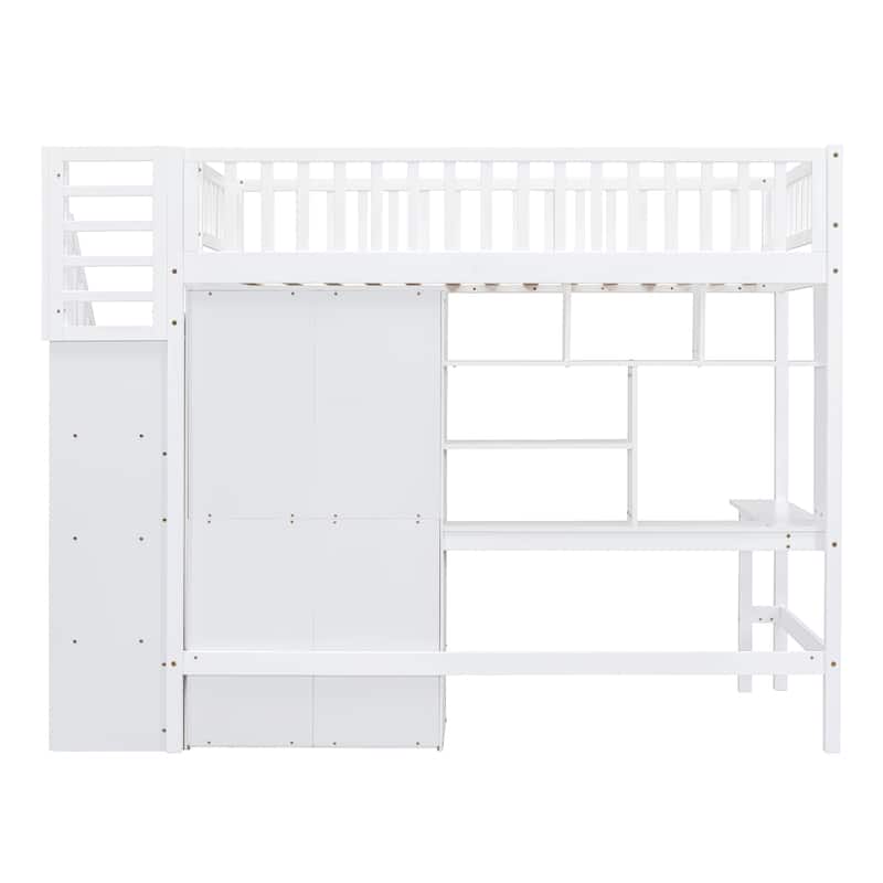 White Twin Loft Bed with Bookshelf, Drawers, Desk & Wardrobe - Space-Saving Study & Storage Solution