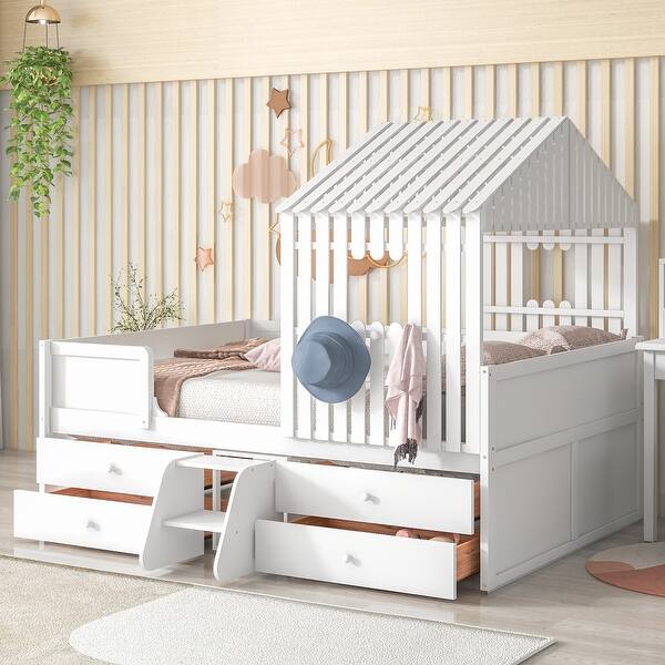 slide 2 of 8, Full Size House Shape Low Loft Bed with Four Drawers White