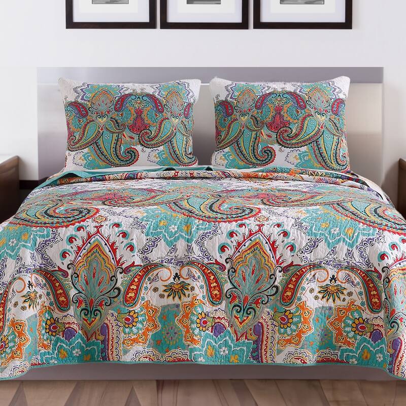 3 Piece Queen Size Cotton Quilt Set with Paisley Print, Teal Blue