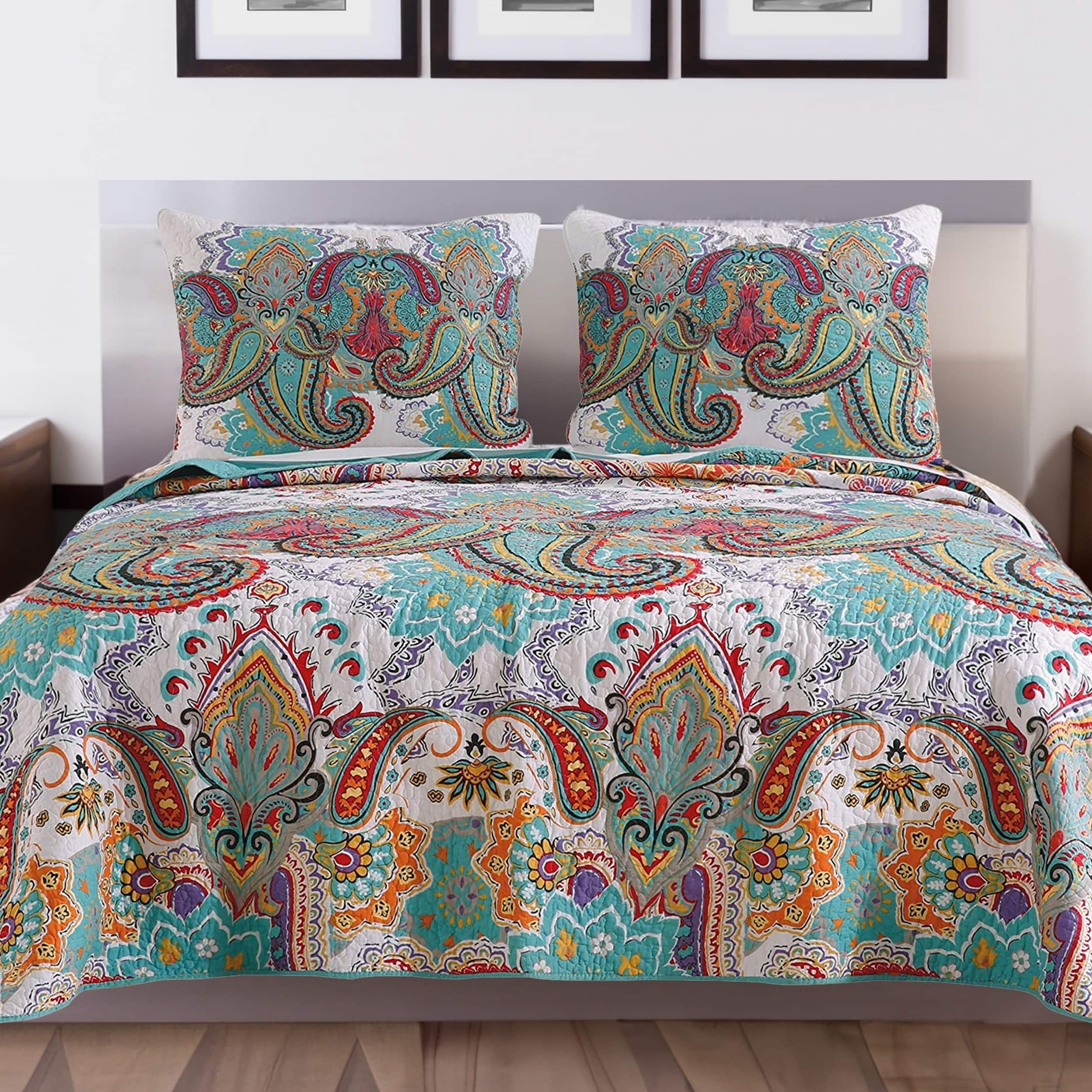 3 Piece Queen Size Cotton Quilt Set with Paisley Print, Teal Blue On