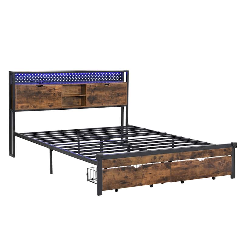 Full Size Modern Metal Platform Bed with Wooden Headboard,2 Drawers and LED Lights