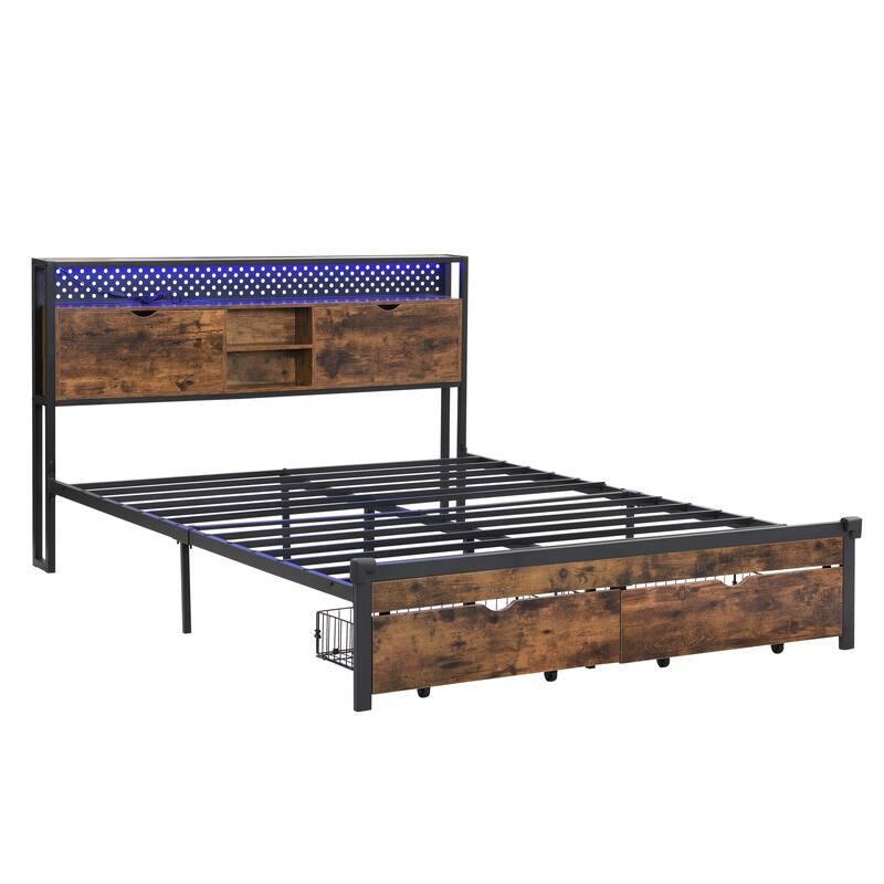 King Size Metal Platform Bed with Wooden Headboard, USB Charging, LED Lights, Storage Drawers, No Box Spring Needed