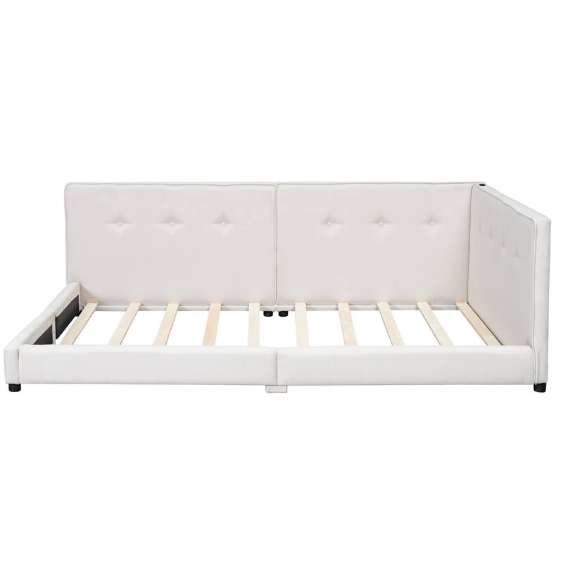 Upholstered Daybed Low Profile Bed Frame with USB Charging Station, Tufting L-shaped Backrest and Wood Slat Support Linen Fabric