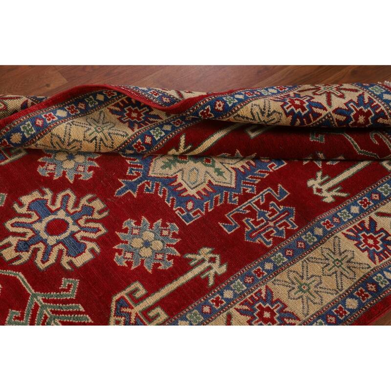 Geometric Kazak Rug Hand-Knotted Oriental Red Wool Carpet - 3'4"x 4'9"