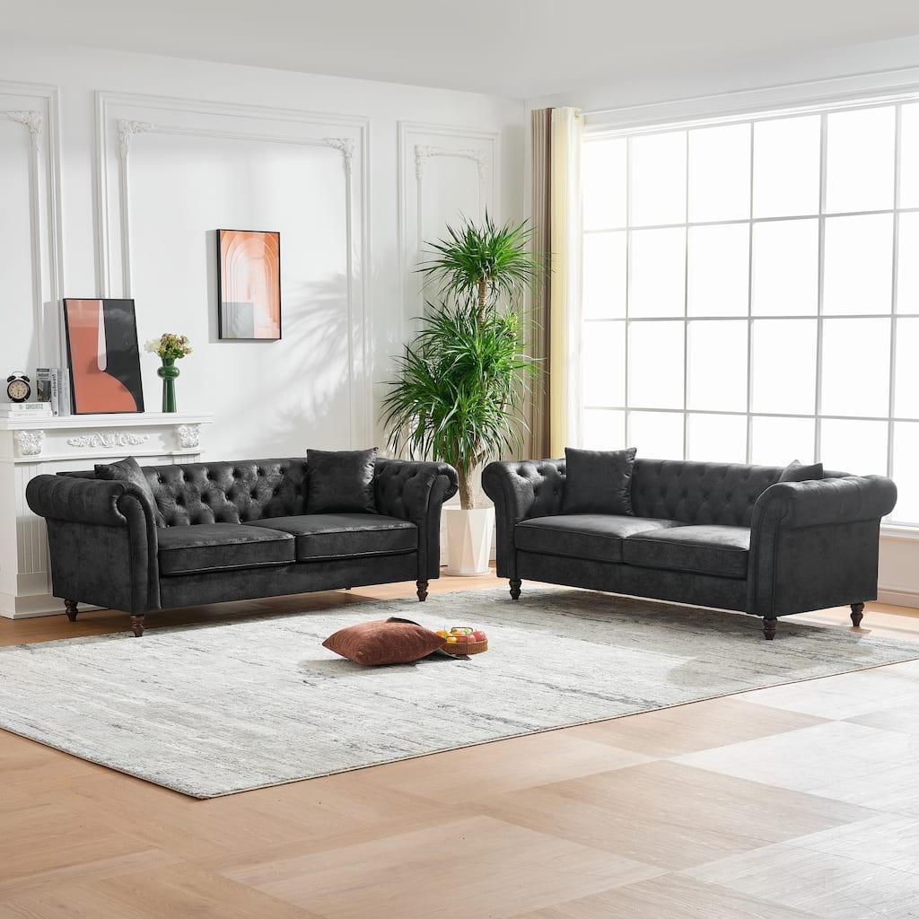 Roomfitters 83 Inch Classic Chesterfield Upholstered Sofa Set, 2-Piece Buttoned Back Scrolled Arm Couch Furniture Set, Black