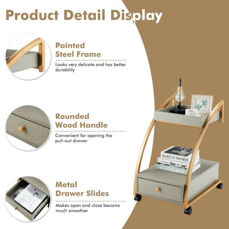 Modern 2-Tier Rolling End Table with Tray Top and Pull-Out Drawer - 16" x 19.5" x 26" (L x W x H)