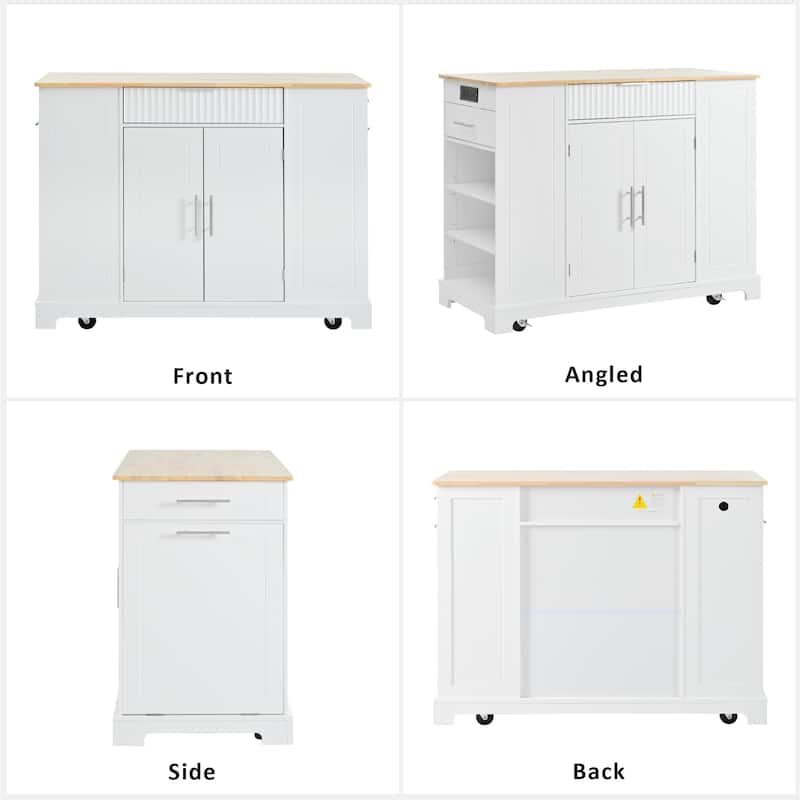 Fluted Kitchen Island with Trash Can Storage Cabinet, Kitchen Cart with Power Outlet Rolling Kitchen Islands on 5 Wheels