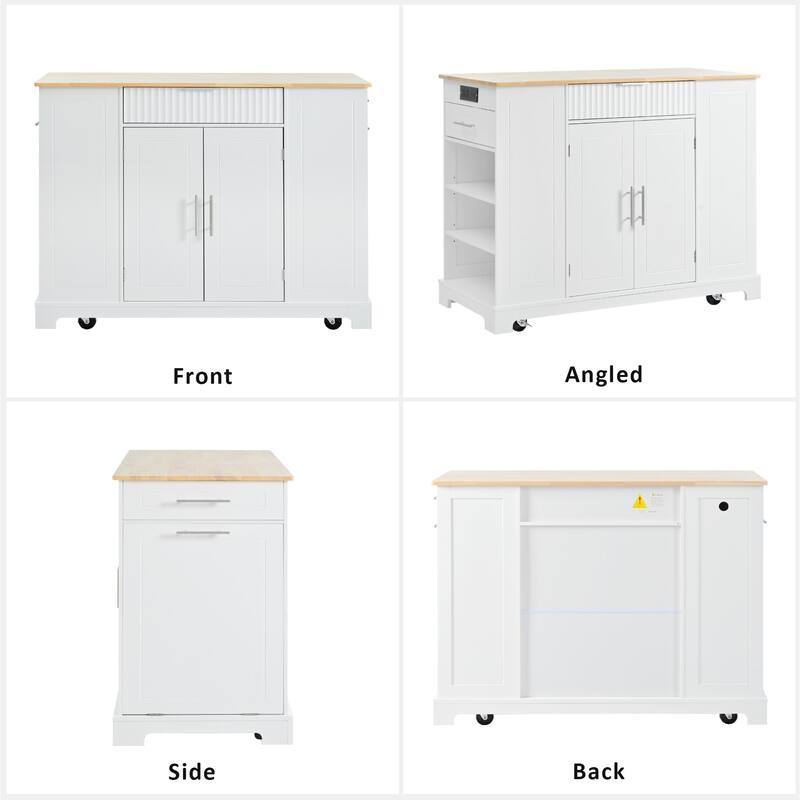 Fluted Kitchen Island with Trash Can Storage Cabinet, Power Outlet, Rolling Kitchen Islands on 5 Wheels with 3 Open Side Racks