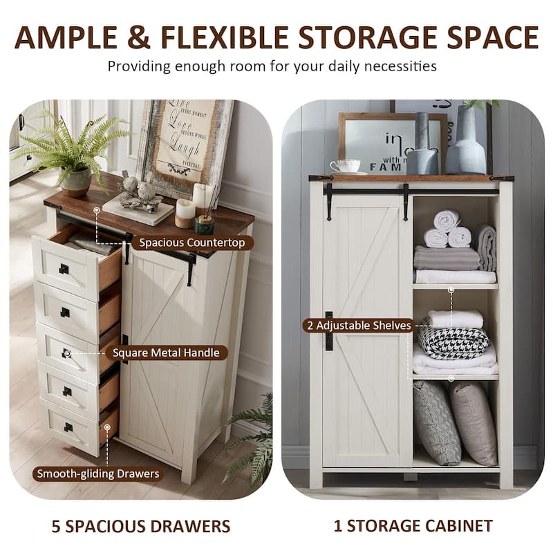 Farmhouse 5 Drawers Dresser, Vintage Chest of Drawers with Barn Door