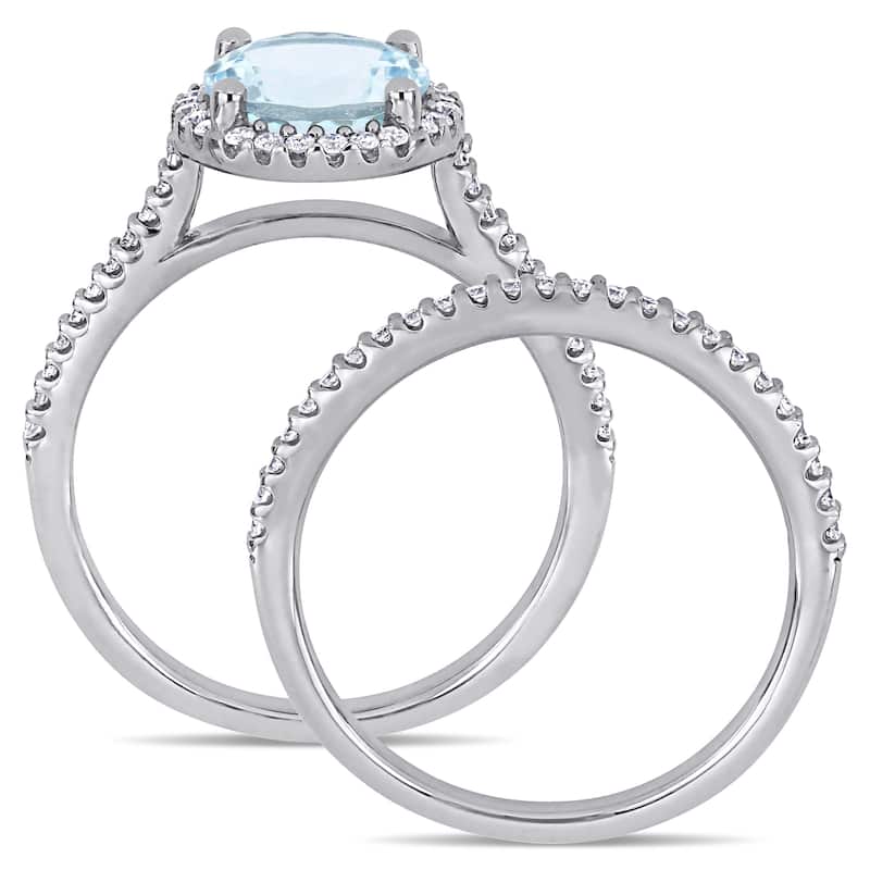 Miadora 14k White Gold Aquamarine and 1/3ct TDW Diamond Halo Bridal Ring Set