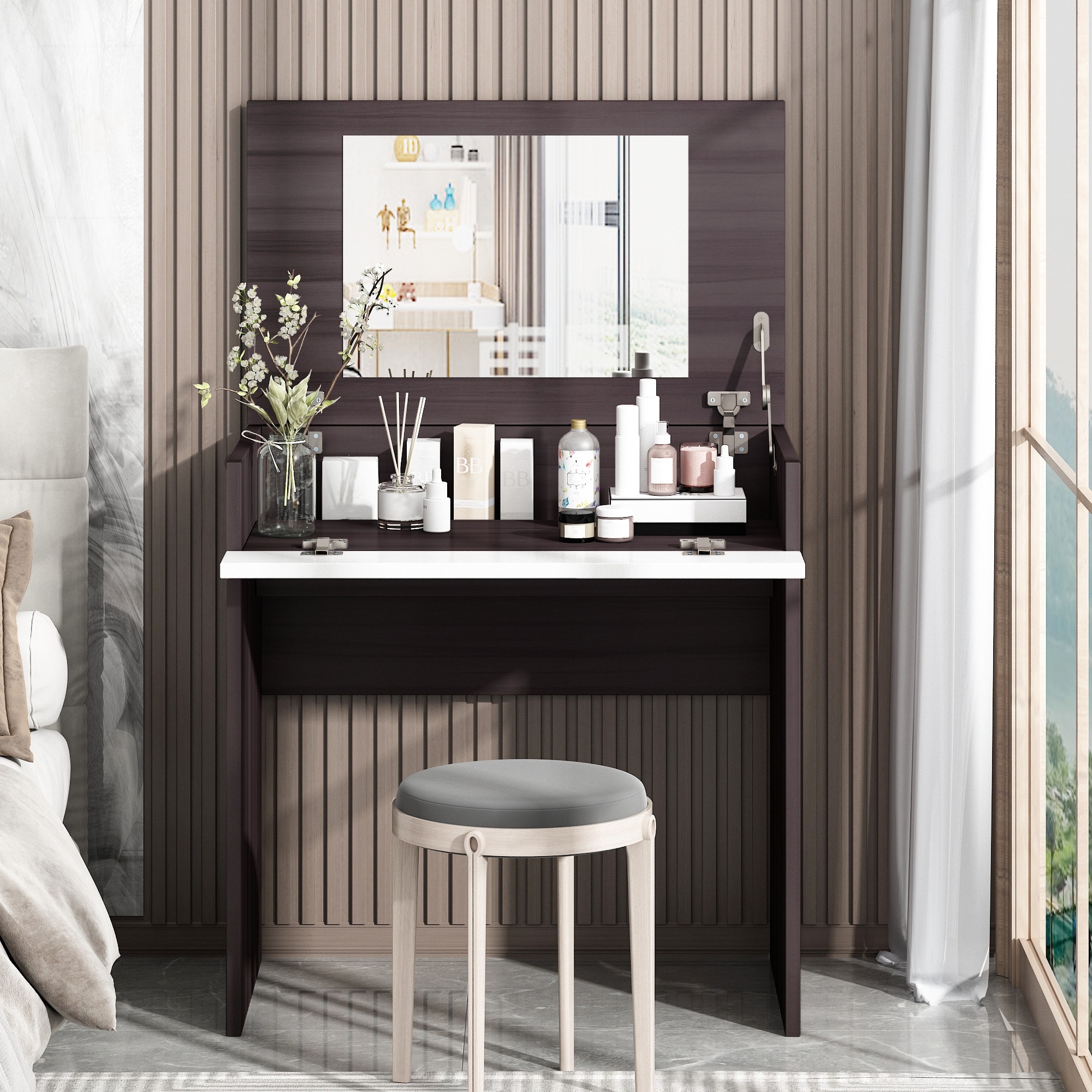 Makeup vanity with flip up mirror sales